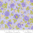 a purple flowered fabric with green leaves and purple flowers