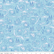 a blue background with trees and animals on it