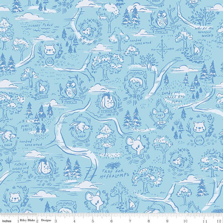 a blue background with trees and animals on it