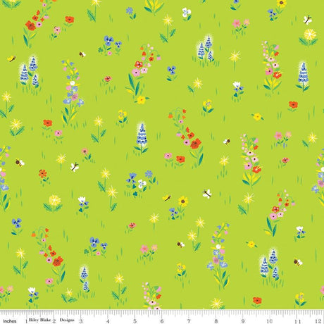 a green background with a bunch of flowers on it