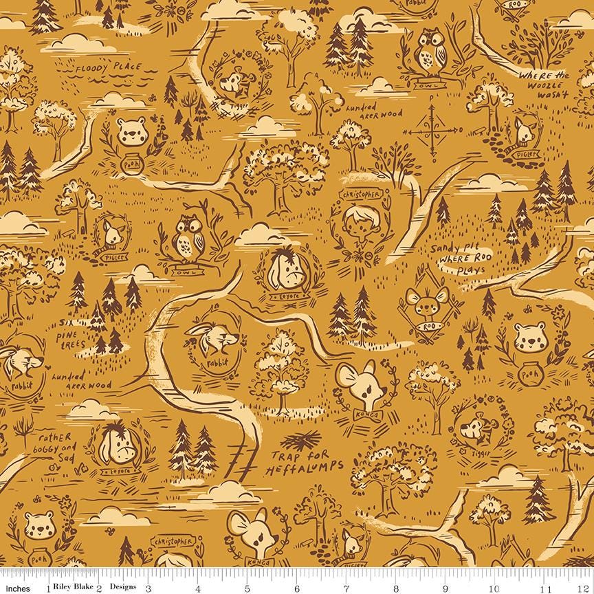 a yellow and brown background with trees and animals