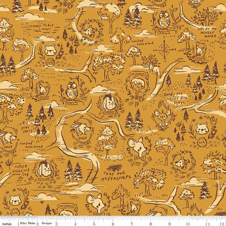 a yellow and brown background with trees and animals