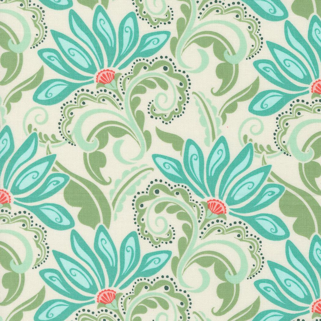 a green and blue floral pattern on a white background