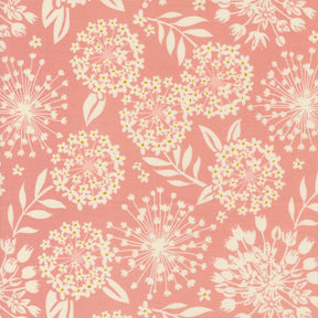 a pink background with white flowers and leaves