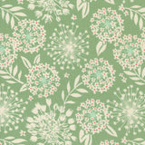 a green background with white and red flowers