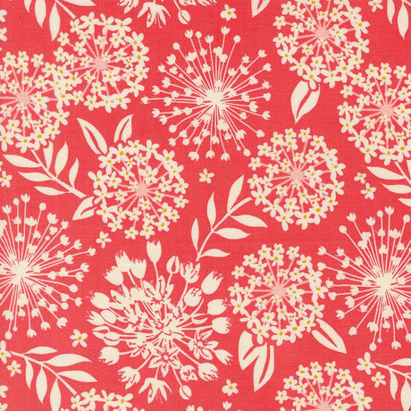 a red background with white flowers and leaves