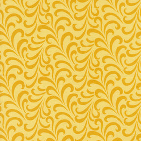 a yellow background with swirls and leaves