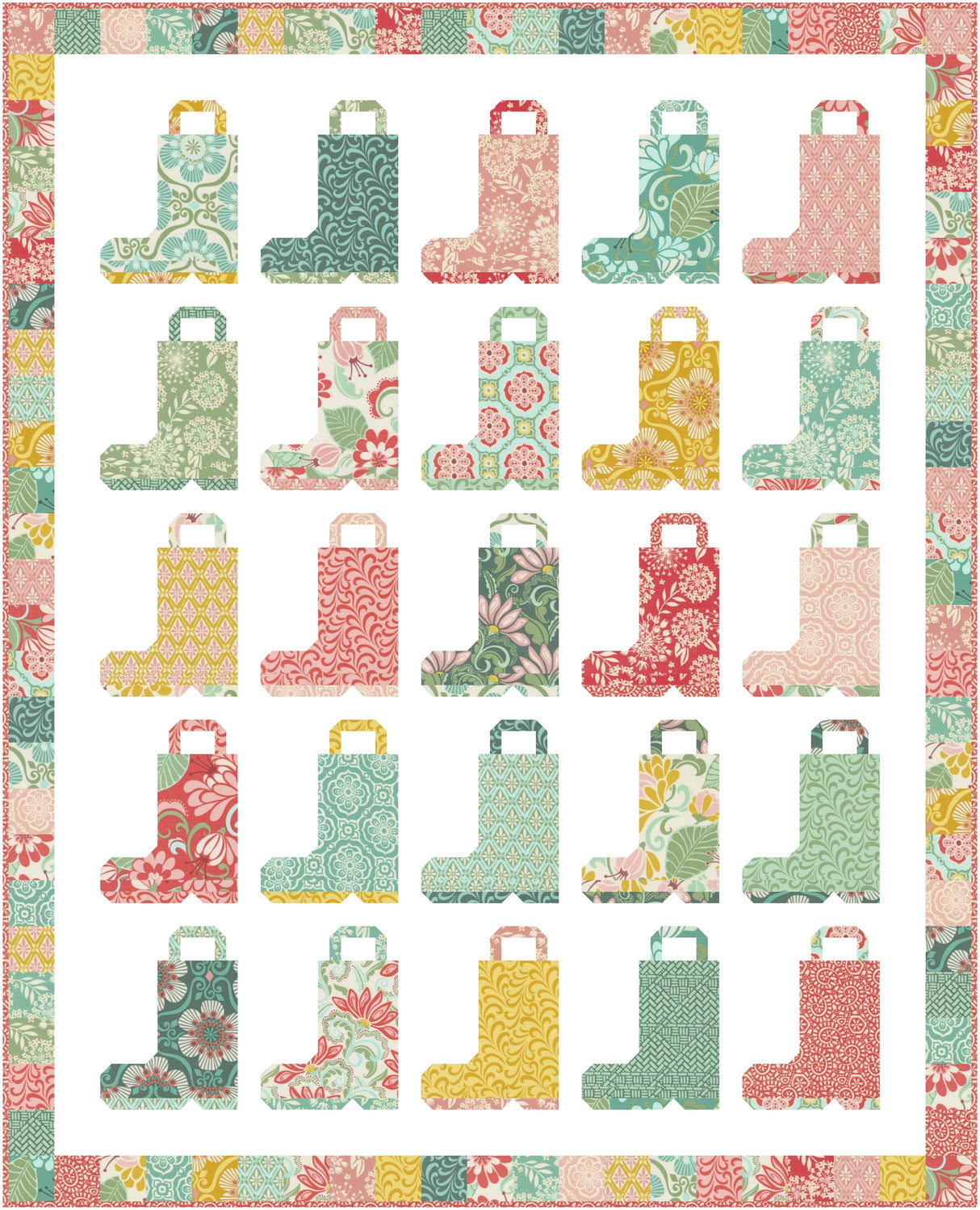 a quilted quilt with a bunch of boots on it