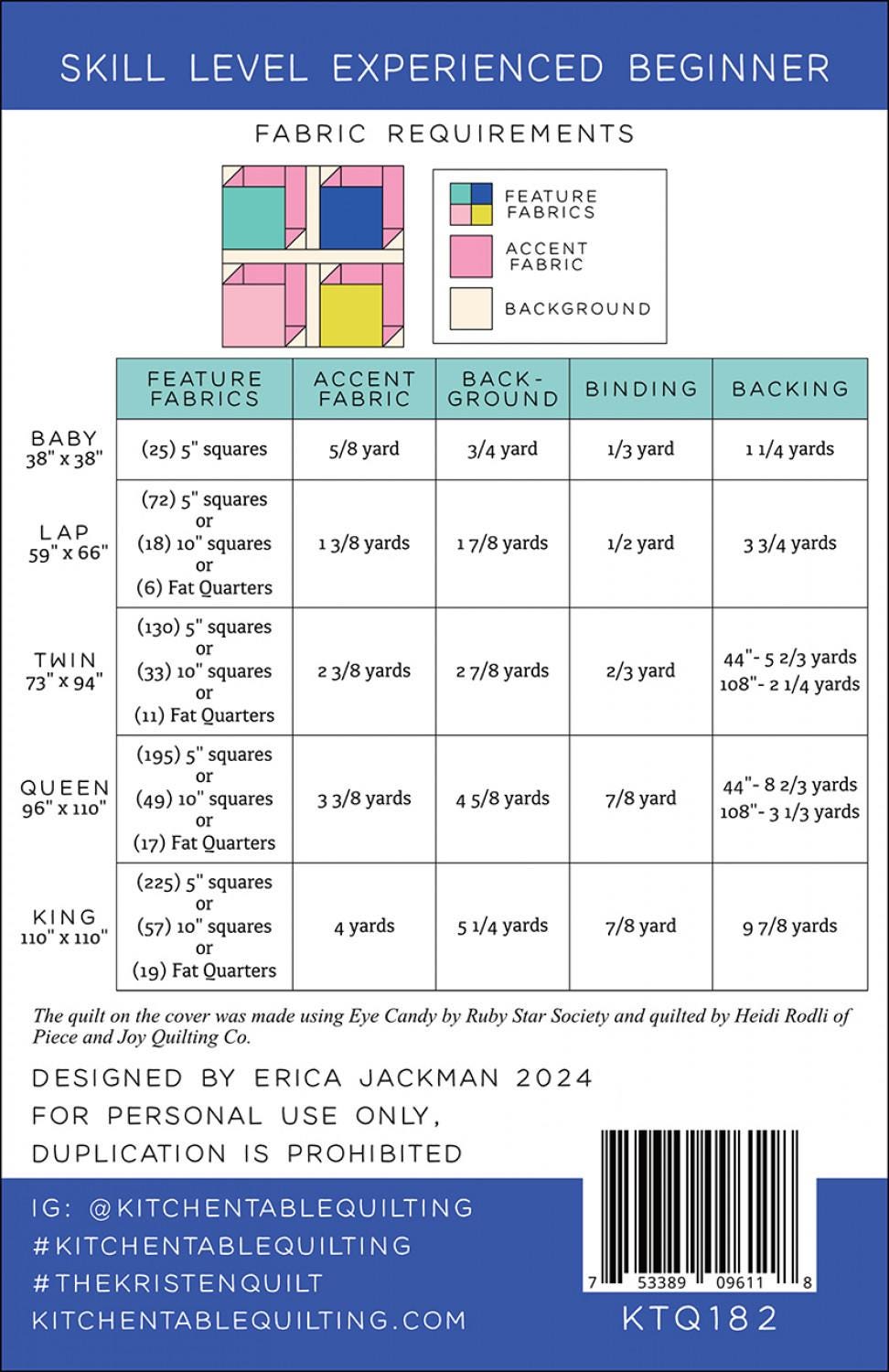 The Kristen Quilt Pattern KTQ182 by Kitchen Table Quilting (baby, lap, twin, queen and king sizes)
