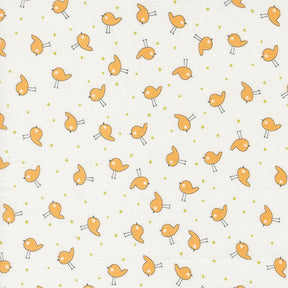 a white background with yellow birds and stars