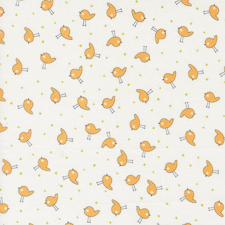 a white background with yellow birds and stars
