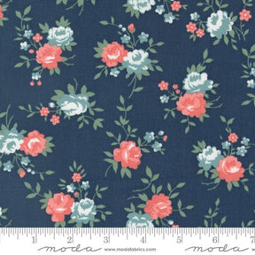 a blue background with red and white flowers