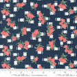 a blue fabric with red roses on it