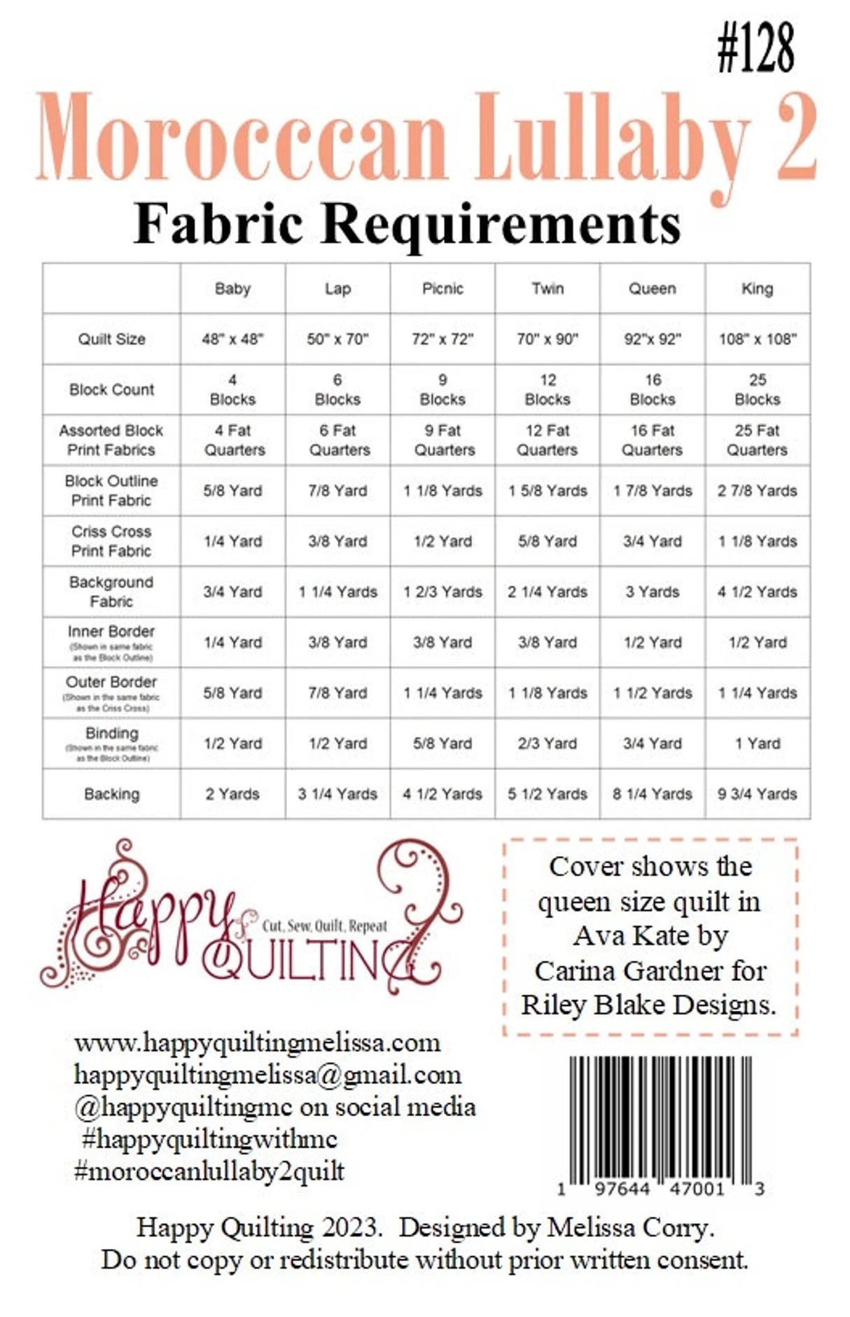 Moroccan Lullaby 2 Quilt Pattern by Melissa Corry HQ1328 for Happy Quilting 6 sizes