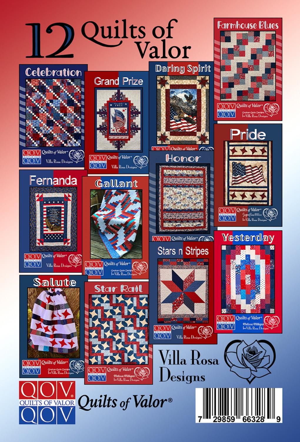 12 Quilts of Valor Printed Patterns for Villa Rosa Designs
