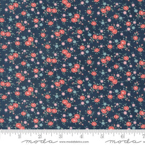 a blue background with red and pink flowers