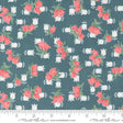 a blue fabric with pink roses on it