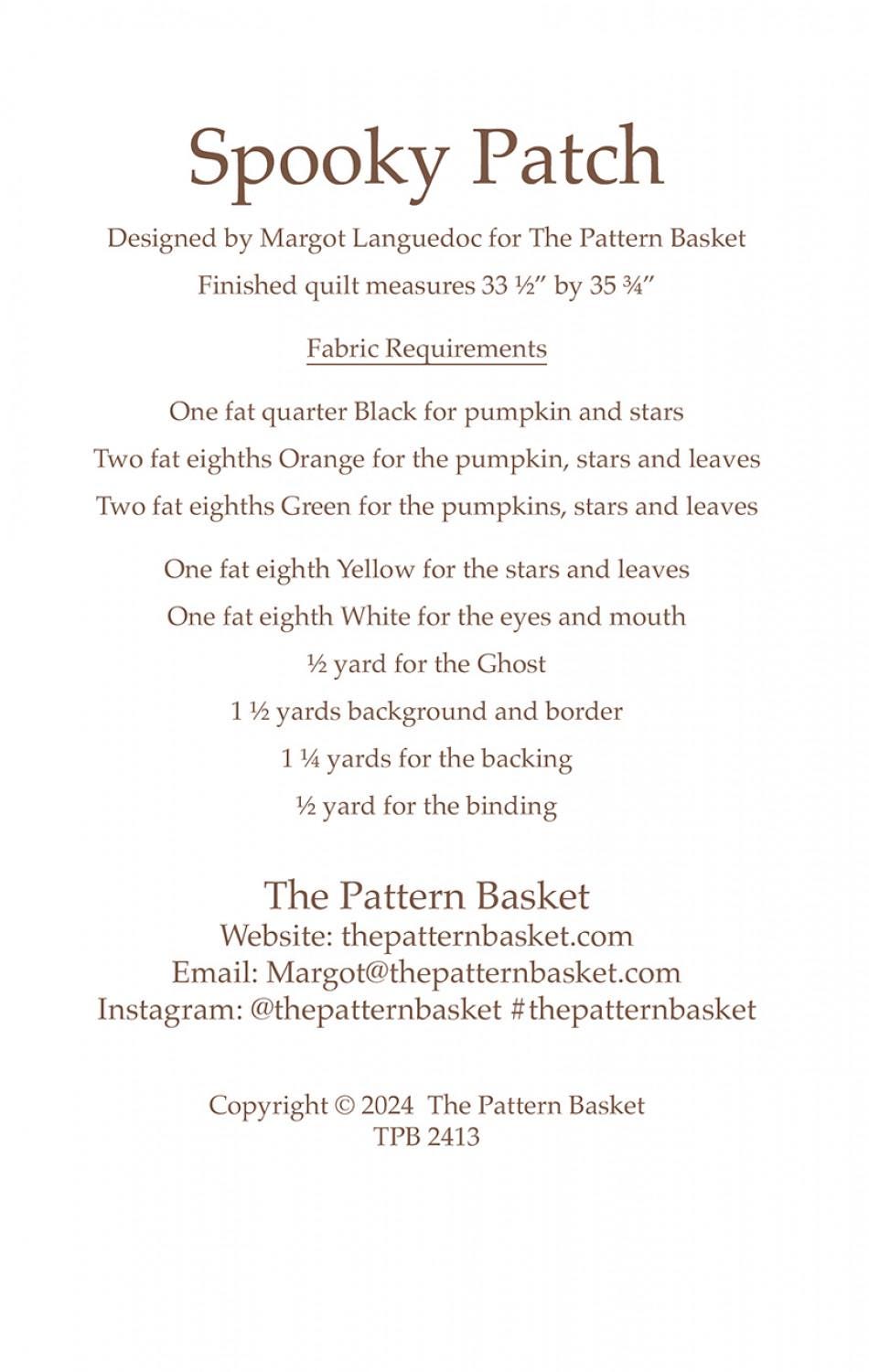 Spooky Patch by The Pattern Basket, Margot Designs TPB2413 Paper Pattern ONLY