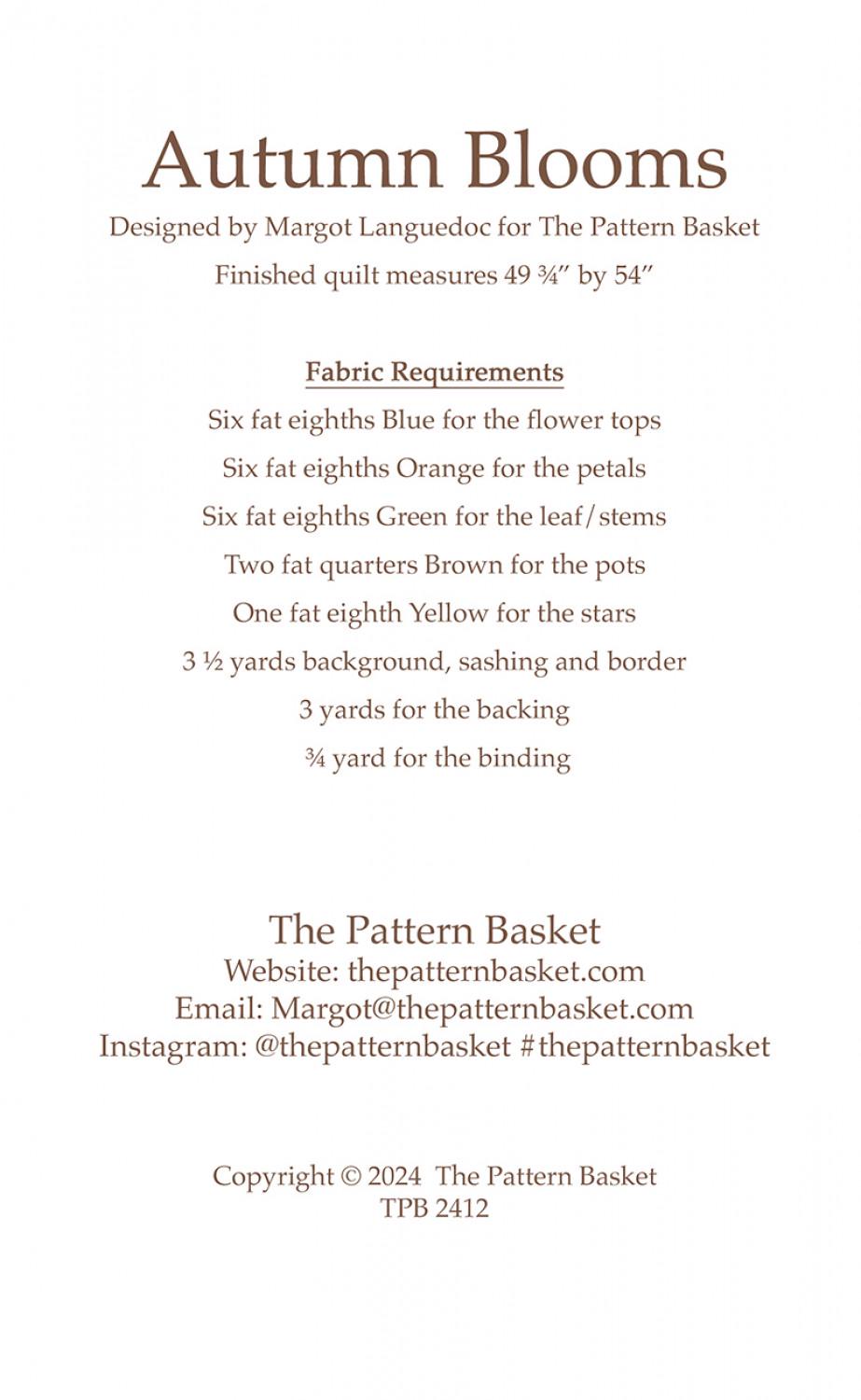Autumn Blooms by The Pattern Basket, Margot Designs TPB2412 Paper Pattern ONLY
