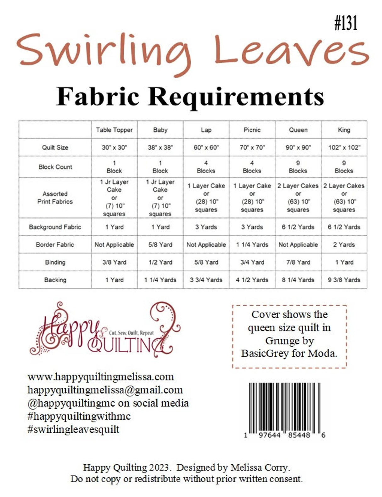 Swirling Leaves Quilt Pattern by Melissa Corry HQ1131 for Happy Quilting 5 sizes