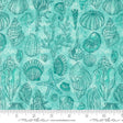 a blue and green background with sea shells