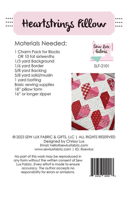 Heartstrings Pillow Pattern SLF 2101 by Chrissy Lux of Sew Lux Fabric 18"x 18"
