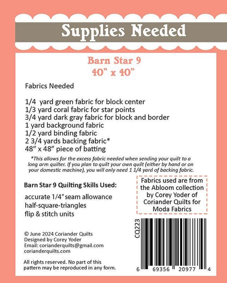 Barn Star 9 Quilt Pattern by Corey Yoder of Coriander Quilts CQ223 Bin MP