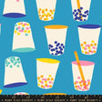 a blue background with cups and a ruler