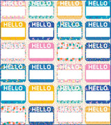 a colorful hello kitty name tag with hello kitty name tags on it