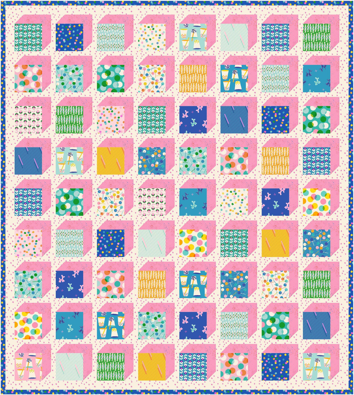 a pink and blue quilt with squares on it