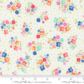 a white background with colorful flowers and dots