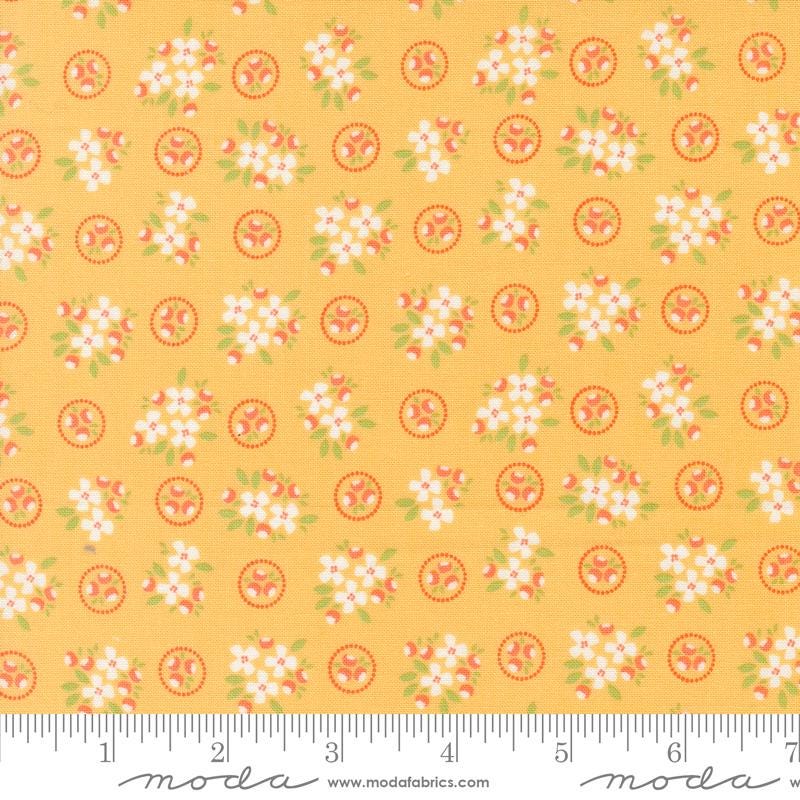 a yellow background with white flowers and green leaves