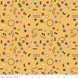 a yellow background with a lot of different things on it