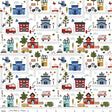 a pattern of houses and cars on a white background