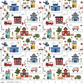 a pattern of houses and cars on a white background