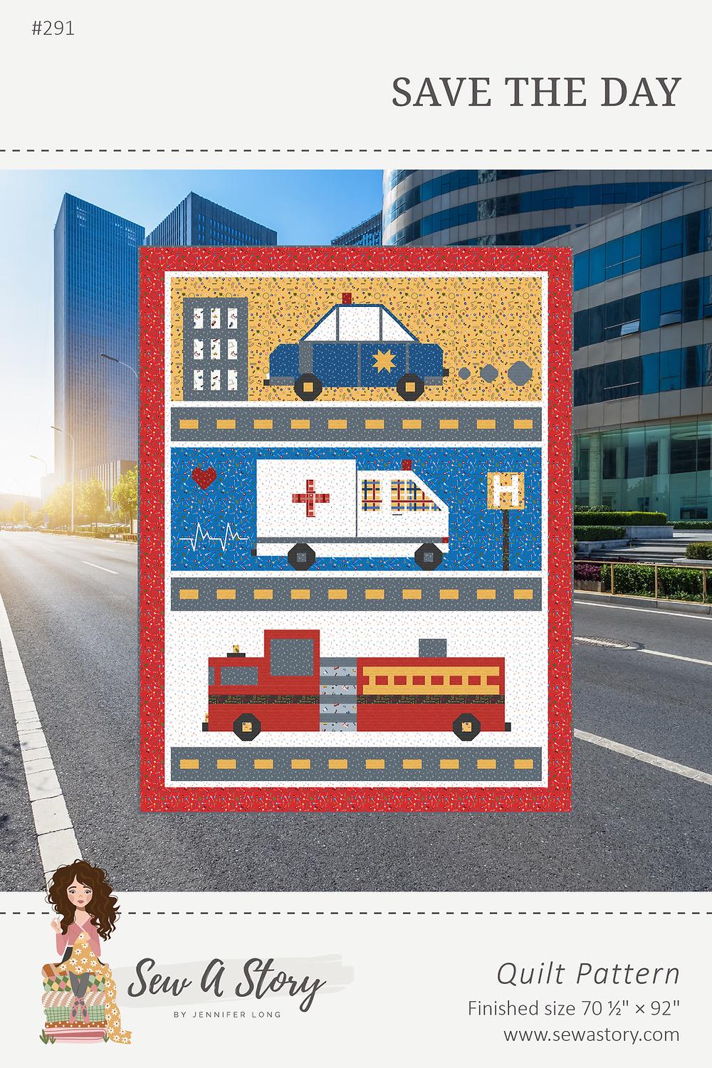 a quilted picture of a city street with cars and trucks