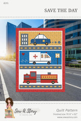 a quilted picture of a city street with cars and trucks