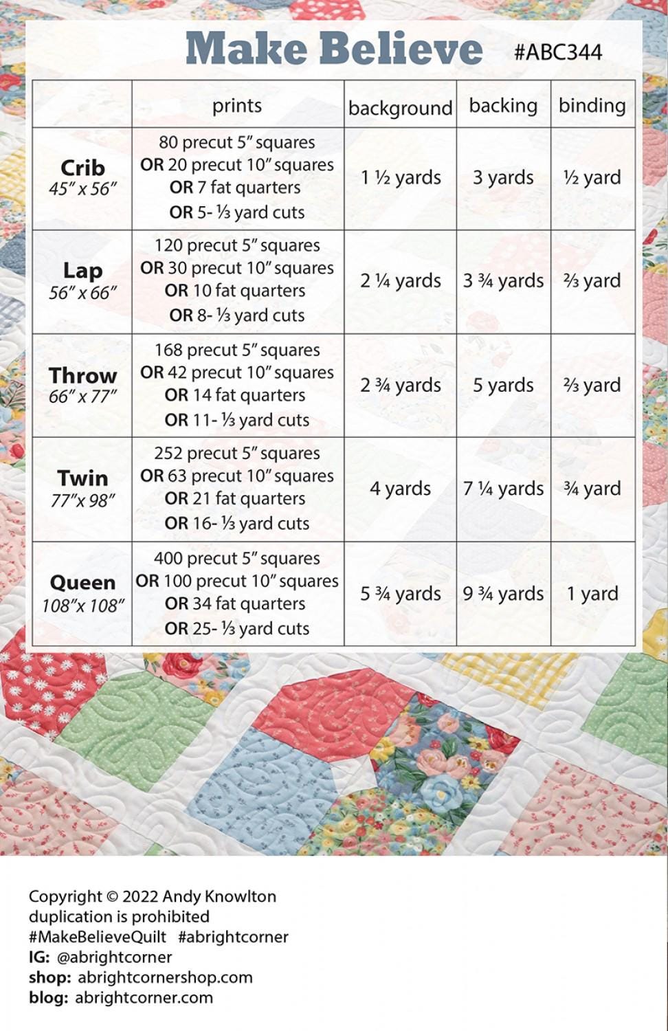 Make Believe Quilt Pattern AKBC344 Printed Pattern Only by A Bright Corner Quilts, Crib, Lap, Throw, Twin and Queen Quilt Sizes