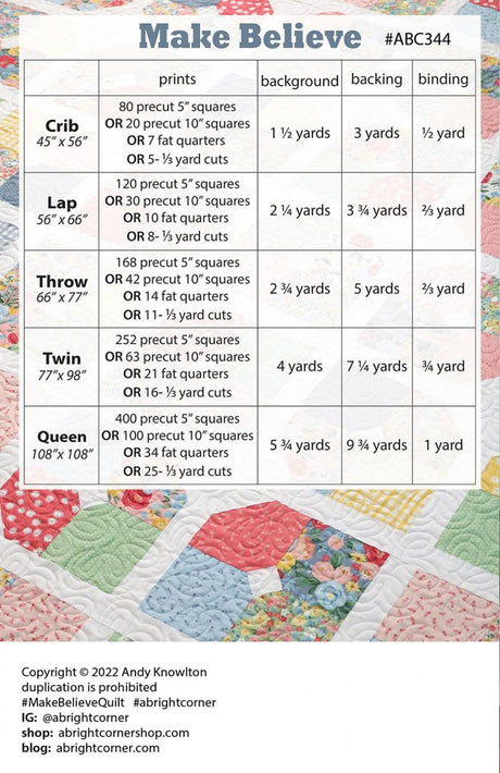 Make Believe Quilt Pattern AKBC344 Printed Pattern Only by A Bright Corner Quilts, Crib, Lap, Throw, Twin and Queen Quilt Sizes