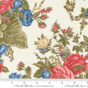 a white background with red, blue, and pink flowers