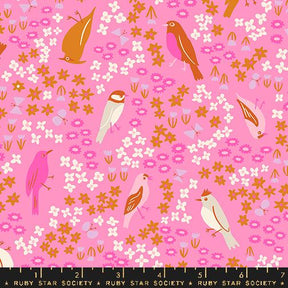 a pink background with birds and flowers