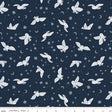a blue background with white birds and stars
