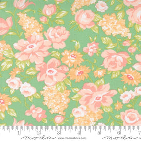 a green background with pink and yellow flowers