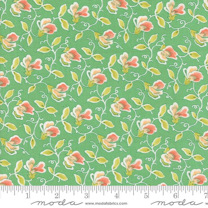 a green background with pink and yellow flowers