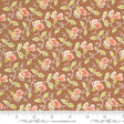 a brown background with pink flowers and green leaves