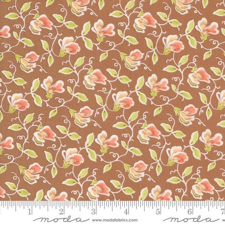 a brown background with pink flowers and green leaves