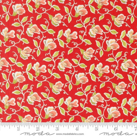 a red background with white flowers and green leaves