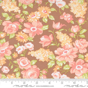 a brown background with pink and yellow flowers