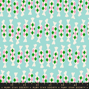 a blue background with pink, green, and white shapes