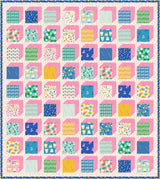 a pink and blue quilt with squares on it